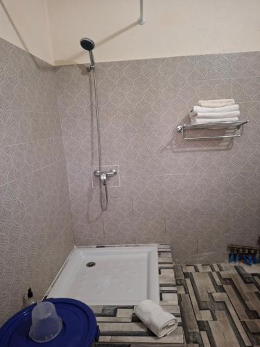 a bathroom with a tub and a shower with towels at Botolava sud in Bouéni