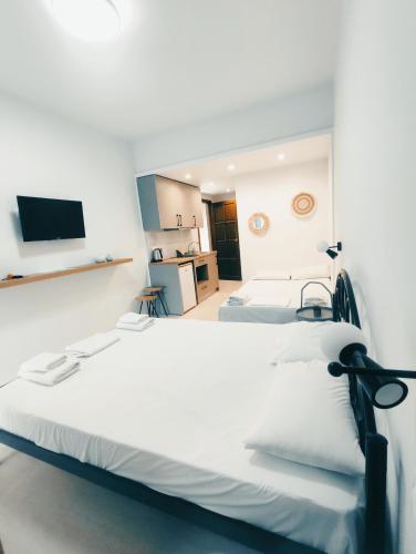 two beds in a white room with a tv at Verde lygia in Lygia
