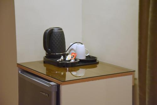 a black appliance sitting on top of a refrigerator at Pyramids Wonders Hotel in Cairo