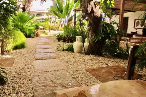 a stone path in a garden with a tree at Villa Biju in Jericoacoara