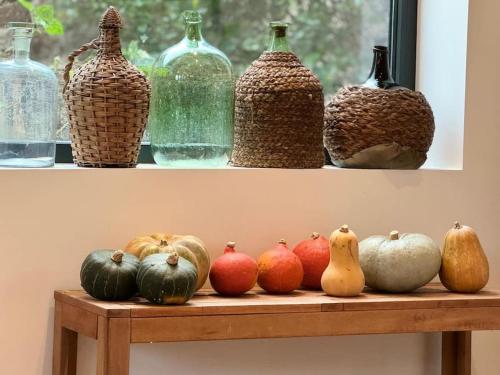 a shelf with different types of pumpkins and glass vases at Le Refuge du 55 in Epfig