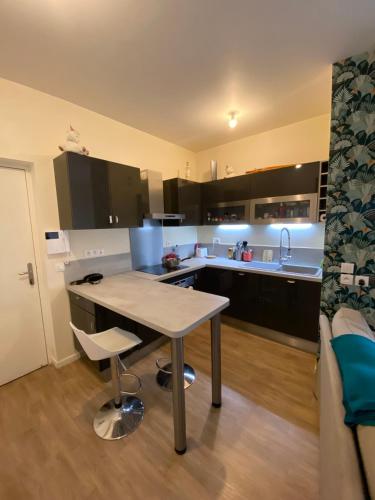 une cuisine avec une table et un comptoir dans l'établissement Appartement 2 pièces proche Paris et Orly, à Choisy-le-Roi