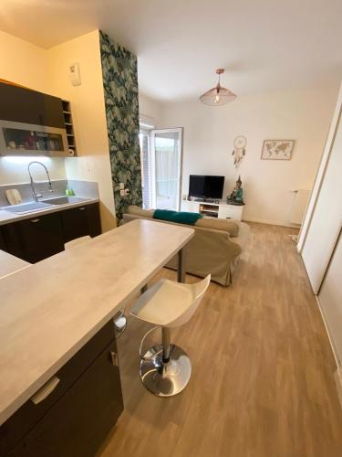 une cuisine et un salon avec une table et un canapé dans l'établissement Appartement 2 pièces proche Paris et Orly, à Choisy-le-Roi