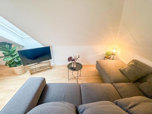 a living room with a couch and a tv at Spacious and modern house close to Århus Center in Aarhus