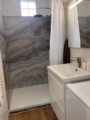 La salle de bains est pourvue d'une douche et d'un lavabo blanc. dans l'établissement Les Suites d'Aliénor-Suite Acanthe, à Pessac