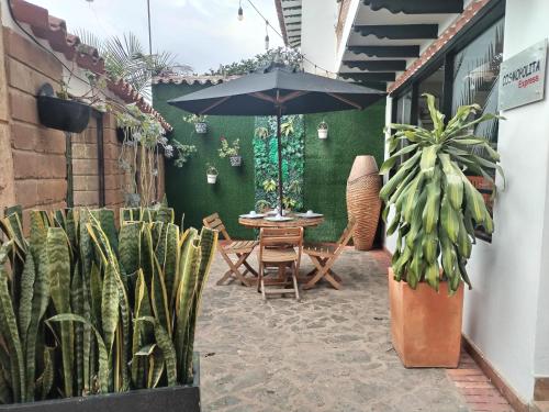 a patio with a table and umbrella and plants at Santa Maria de Leyva hotel boutique in Villa de Leyva