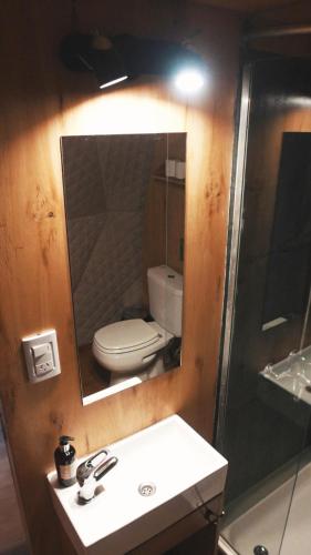 a bathroom with a sink and a toilet and a mirror at Domos Uspallata in Uspallata