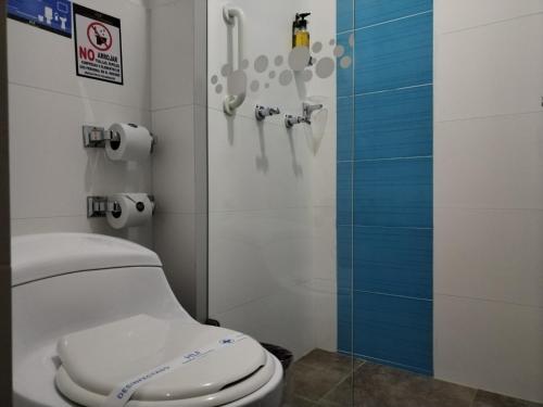 a bathroom with a toilet and a shower at Santa Maria de Leyva hotel boutique in Villa de Leyva