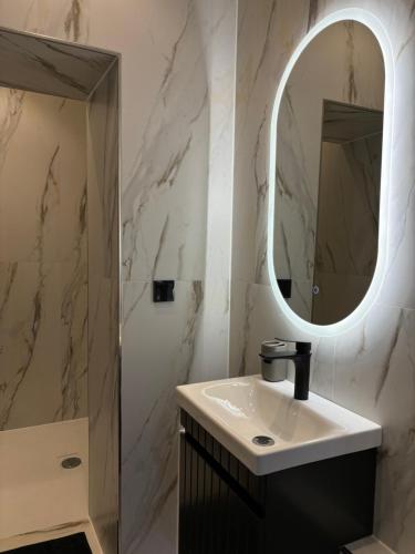 a bathroom with a sink and a mirror at Schwentine Suite in Kiel