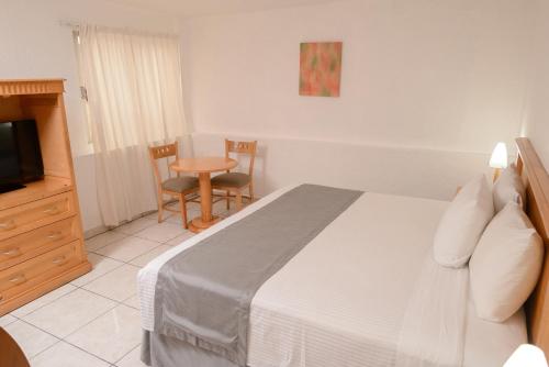 a bedroom with a bed and a table and a television at HOTEL DON MIGUEl in Tapachula