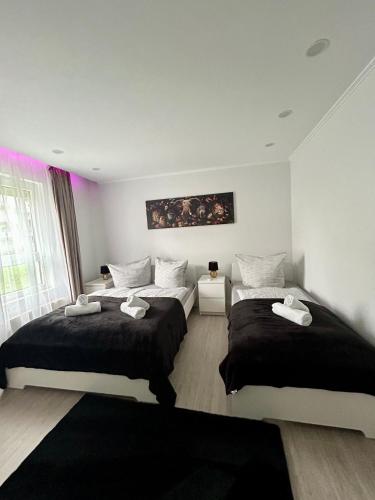 a bedroom with two beds and a large window at Moderne Ferienwohnung in Sigmaringen in Sigmaringen