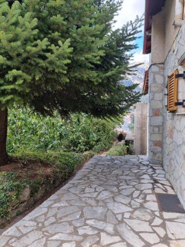 a stone walkway next to a tree next to a building at 7hills Waterfall Lodge by Ski Alure in Eptalofos