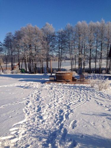 a snow covered field with a hot tub and trees at Vila Viesai in Trakai