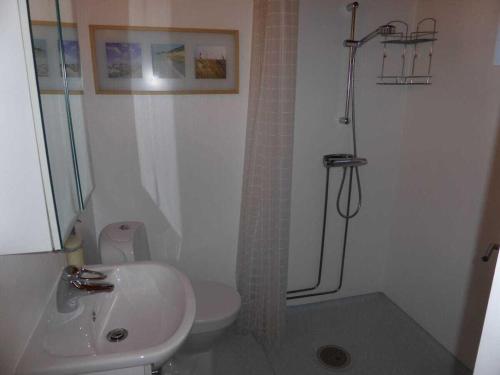 a bathroom with a shower and a toilet and a sink at Spacious holiday home with garden in Virserum