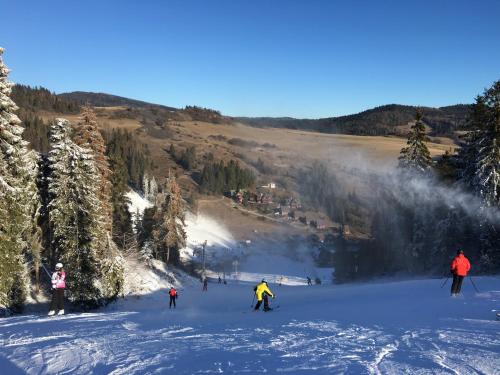 a group of people skiing down a snow covered slope at Chata Čučoriedka Litmanová in Litmanová