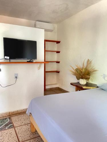 a bedroom with a bed and a flat screen tv at Hotel Casa Verde in Troncones