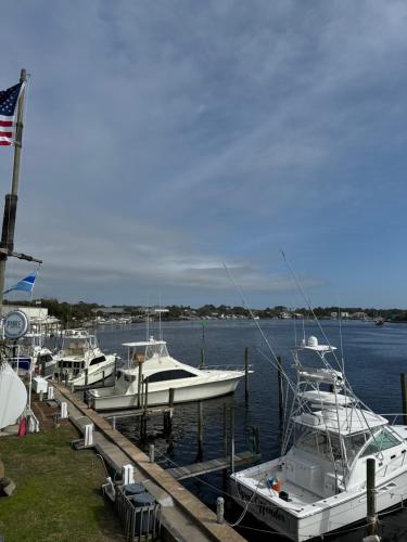 a group of boats are docked at a dock at The Moorings Hotel and Marina of Carrabelle in Davis Island
