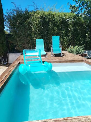 - deux chaises longues et deux chaises dans une piscine dans l'établissement Maison avec Jardin proche du tram, à Le Crès