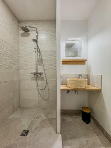une salle de bain avec douche et lavabo dans l'établissement Appartement moderne dans le centre de Chartres, à Chartres