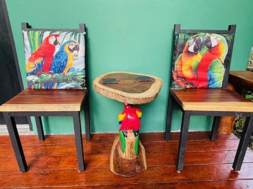 two chairs with parrots on them sitting next to a wall at Casitas Del Rio Riverfront Nature Lodge in Uvita