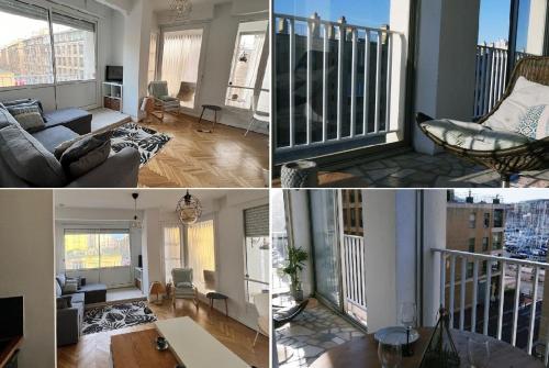 un collage de trois photos d'un salon dans l'établissement Superbe Vue sur le Vieux Port 70 m2 avec une Terrasse & Parking, à Marseille