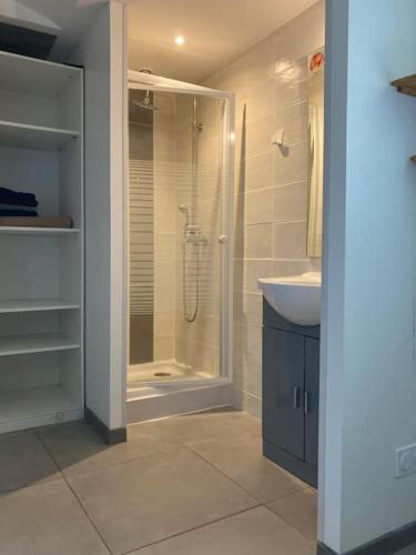 une salle de bain avec douche et lavabo dans l'établissement Maison proche de la mer!, au Perrier