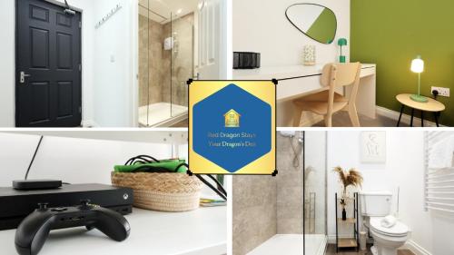 a collage of pictures of a bathroom with a sign at Cardiff City Centre apartment Private Parking in Cardiff
