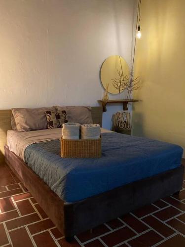 a bedroom with a bed with blue sheets and a mirror at Comodidad de vivir en el centro in Guanajuato
