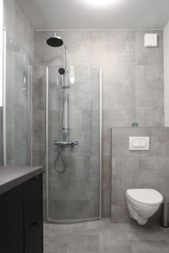 a bathroom with a shower and a toilet at Geirþrúðarhagi 6A one bedroom apartment 102 in Akureyri