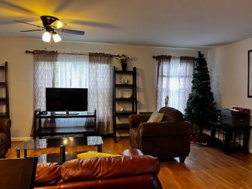 a living room with a couch and a christmas tree at 7 minutes to IAD upstairs room in DC Metro area Middle size room in Sterling