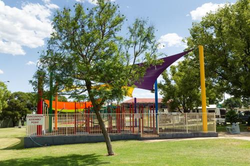 a tree in front of a playground at NRMA Dubbo Holiday Park in Dubbo