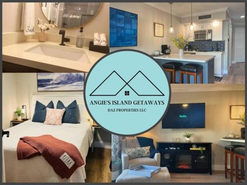 a collage of two pictures of a bedroom and a bathroom at Sea-Renity Heated pools steps to the beach in Galveston