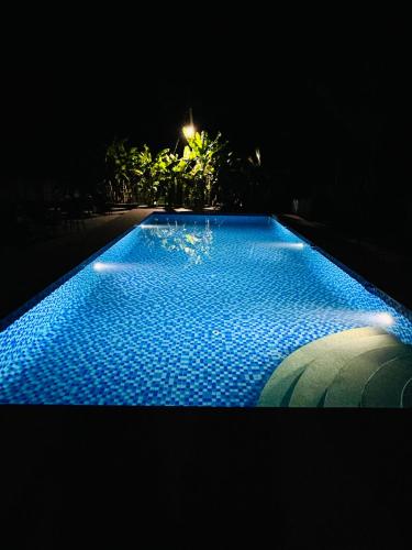 a swimming pool lit up at night with at Echoes in Nandigunda