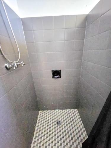 a bathroom with a shower with a checkered floor at Green Door Motel in Albury