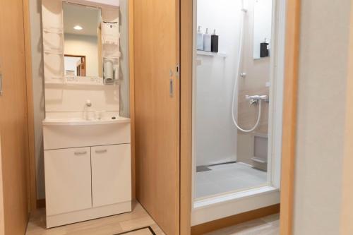 a bathroom with a shower and a sink and a mirror at 青い池まで車で20分Biei Breeze Reserve in Biei