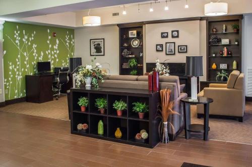 a waiting room with a couch and potted plants at Sleep Inn & Suites Harbour Pointe in Brandermill