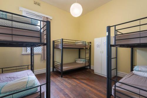 a room with three bunk beds and a hallway at 1849 Backpackers Albany in Albany