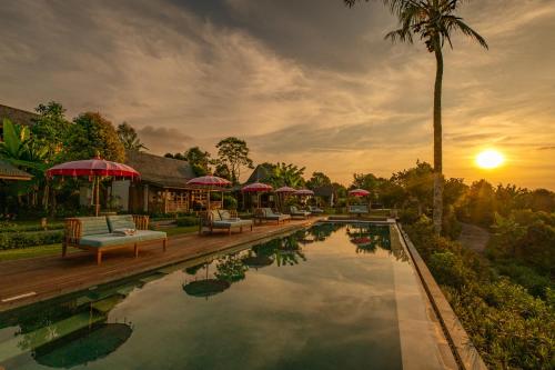 a pool with chairs and umbrellas at a resort at Umah Lusa in Munduk