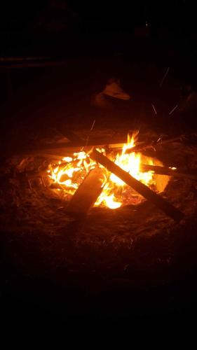 a bonfire is lit up in the dark at Ferienwohnung am Hammerberg in Schönheide