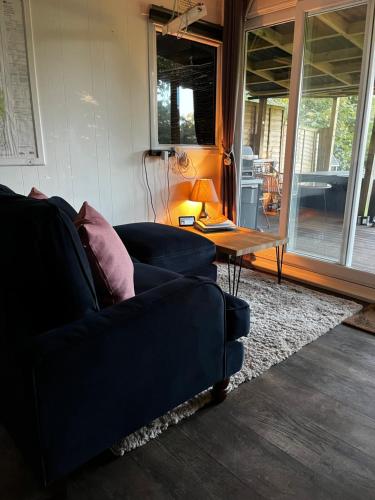 a living room with a couch and a table at Lynbrook Cabin and Hot Tub, New Forest in Ringwood