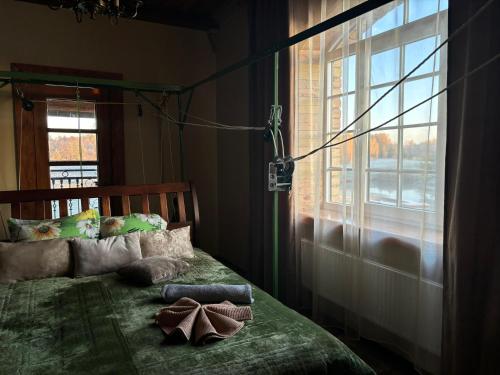 a bedroom with a bed with a large window at Villa Vesta in Dolnāja