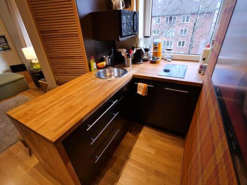 a kitchen with a sink and a wooden counter top at 2 Zimmer-Apartment im Schanzenviertel, 41qm in Hamburg