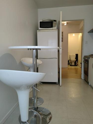 La cuisine est équipée d'un évier blanc et d'un four micro-ondes. dans l'établissement Les Lilas, à Chantepie