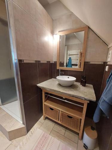 une salle de bain avec un lavabo et un miroir dans l'établissement Confort entre lac et montagne, à Tresserves