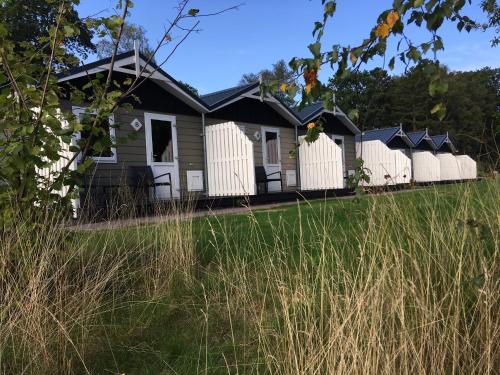 a row of cottages with a fence in a field at Vakantiepark Witterzomer Assen in Assen