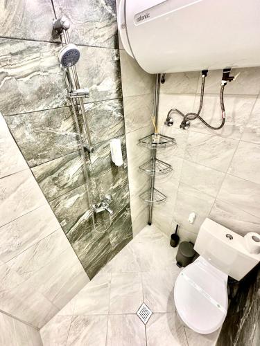 łazienka z toaletą i prysznicem w obiekcie PANORAMA APARTMENT w mieście Montana