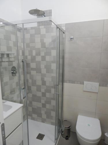 a bathroom with a shower with a toilet and a sink at Bellini's House in Montecatini Terme