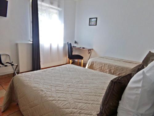 a bedroom with two beds and a desk and a window at Hotel Du Lac in Château-Arnoux-Saint-Auban
