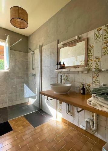 une salle de bain avec un lavabo et une douche dans l'établissement MAEVA - Belle maison au centre ville à deux pas du lac, à Soorts-Hossegor