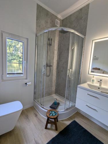 a bathroom with a shower and a toilet and a sink at Hausboot Friedrich in Papenburg